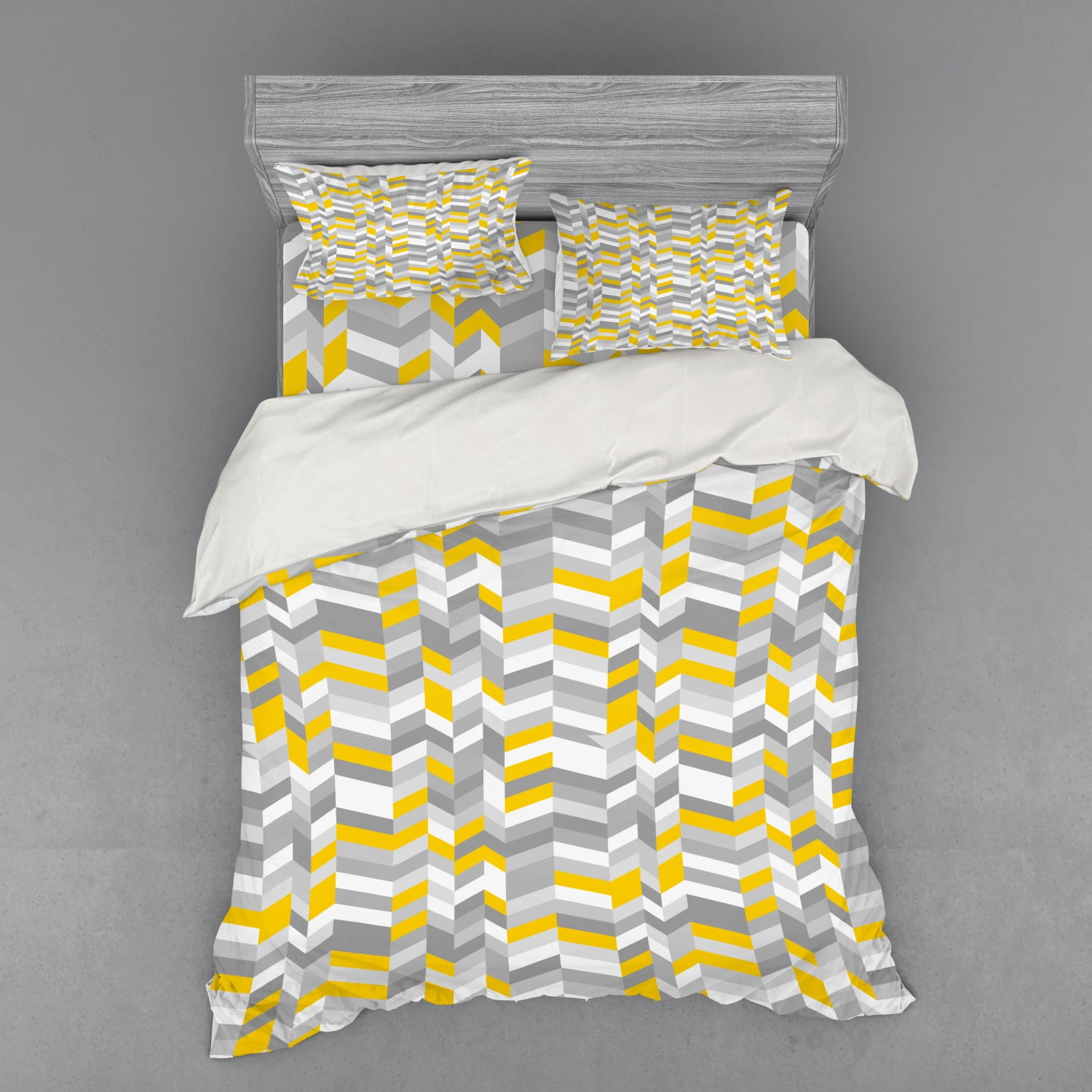 Grey and Yellow Duvet Cover Set, Geometric Vintage 60s Home Pattern