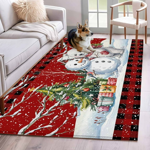 Red Christmas Area Rug 3x5 Washable Rug Non Slip Xmas Tree Snowman Bear Snowfall Plaid Large Area Rug Indoor Floor Carpet for Entryway Bedroom Kitchen Living Room Home Office Dining Room Nursery