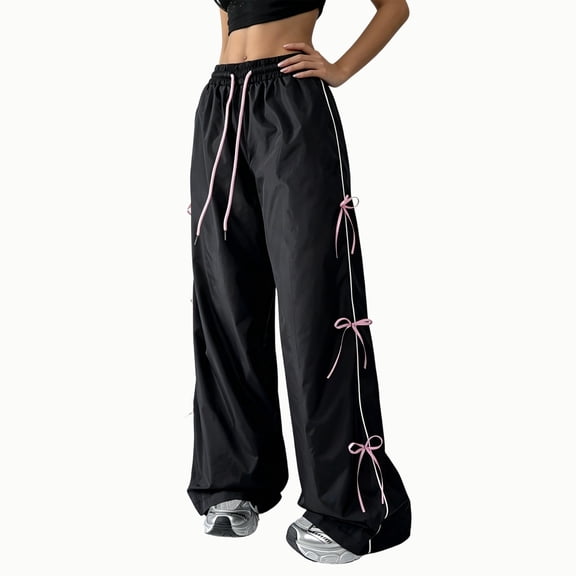 Edvintorg Womens Joggers Bowknot Elastic Waisted Loose Casual Wide Leg Athletic Pant with Drawstring Women’S Clothing Black S