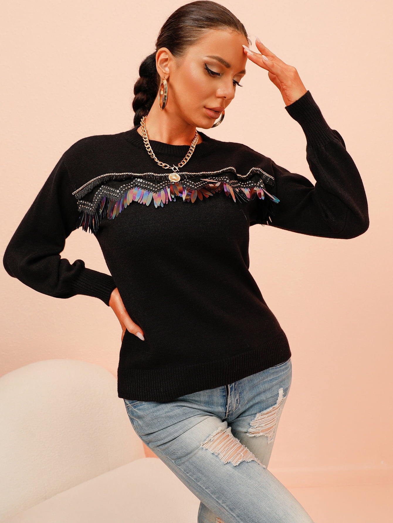 Black Contrast Sequin Tassel Trim Drop 