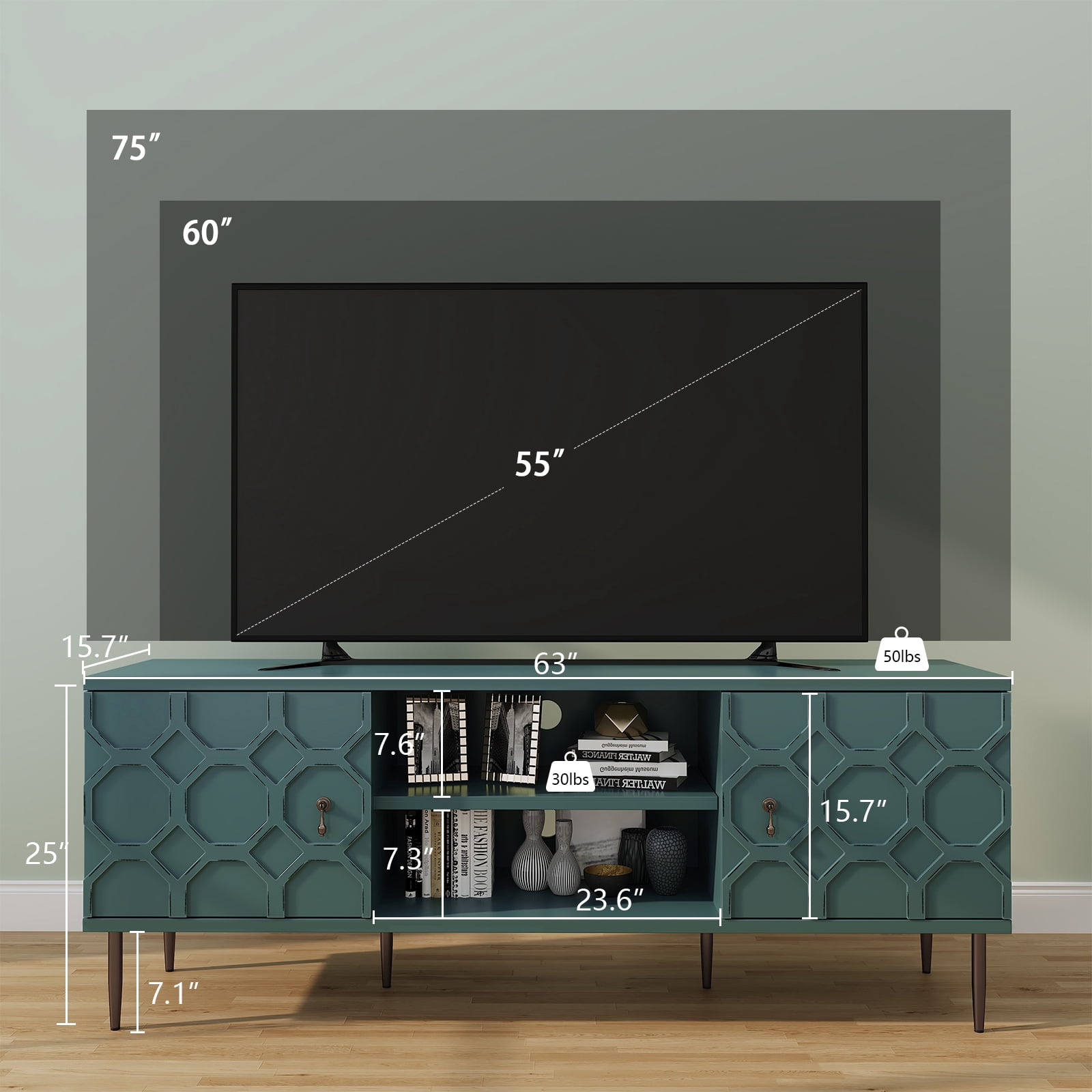 CBJCBJ Entertainment Center Console with 4 Doors and 2 Open Shelves for TV up to 75+ Inch, Green