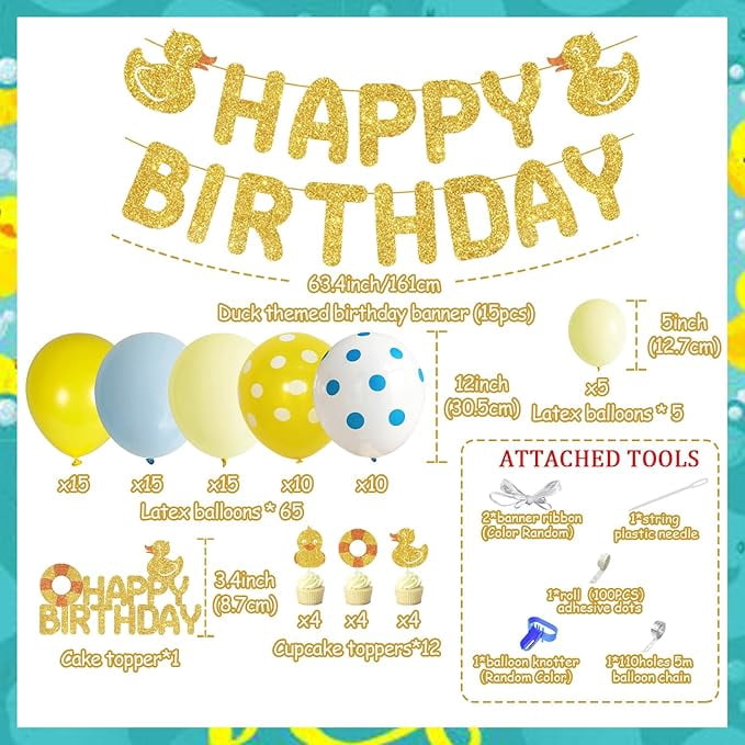 Duck Theme Birthday Party Decorations Duck Blue Yellow Balloons Arch Garland Kit Ducky Happpy Birthday Banner Cake Cupcake Toppers for Boys Girls 1st 2nd 3rd Birthday Party Decor Supplies