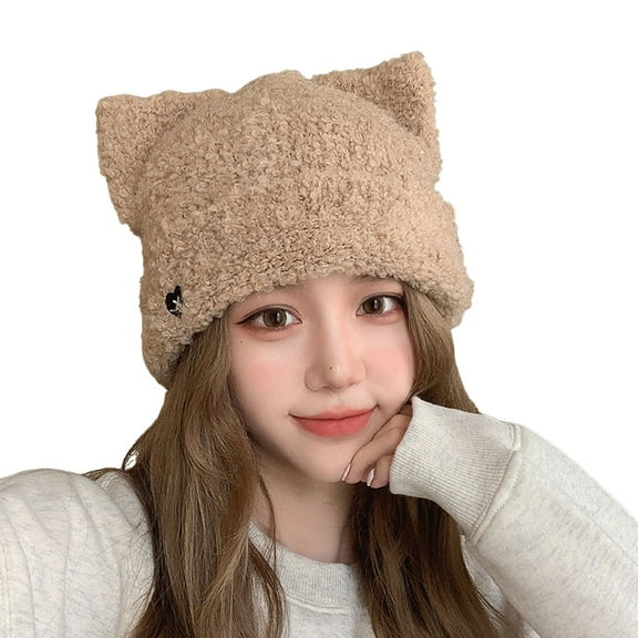 Women Winter Cat Ears Knitted Hat Slouchy Crochet Braided Soft Striped Warm Cap