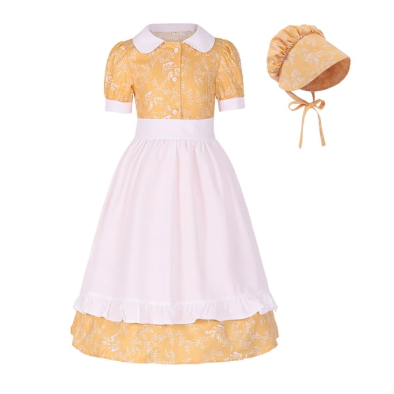 Favoffer Girls Pioneer Clothes Short-Sleeve Printed Crewneck Dress   Apron   Hat Set Dressy Casual Outfit for Birthday Parties, Daily, Outings, Photo Shoots Toddler 4-11Y