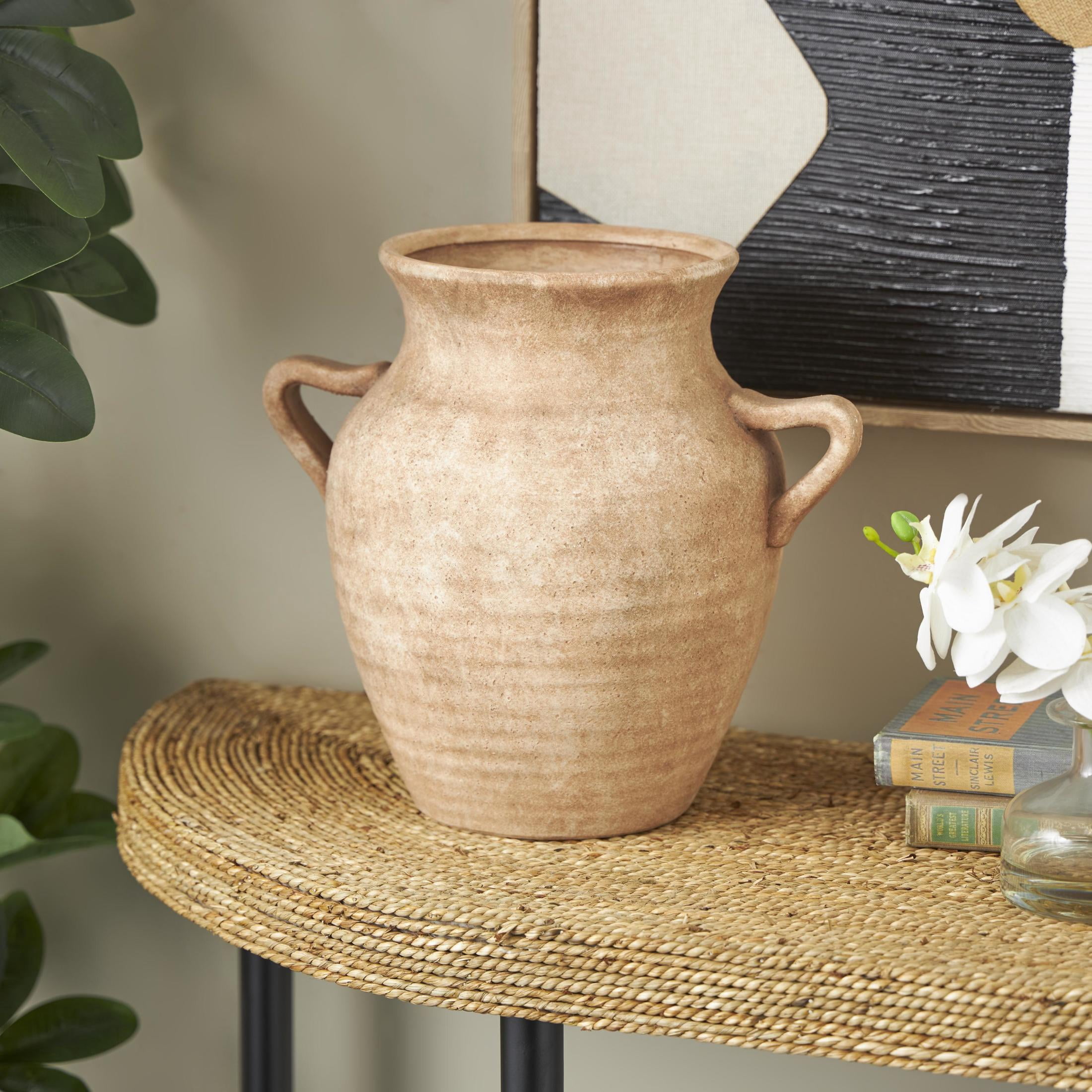 DecMode 12" Antique Style Textured Copper Ceramic Vase with Handles
