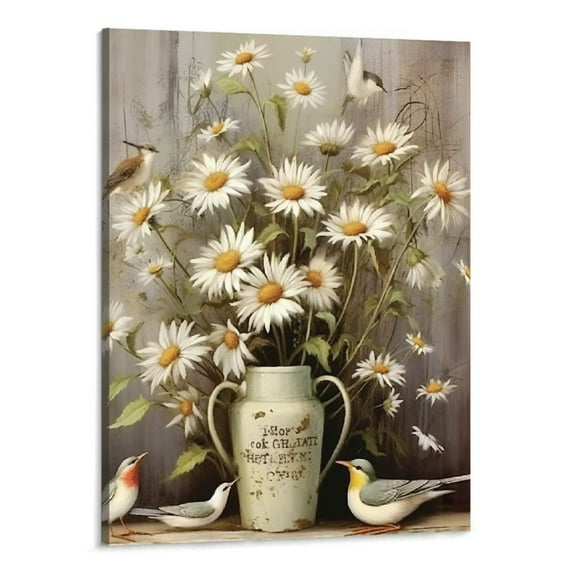 Creowell Vintage Farm Daisy Flower Bathroom Decor Wall Art Rustic Farmhouse Floral Hummingbird Just Breathe Pictures Wall Decor Canvas Painting Prints Artwork Decor Framed for Bedroom 16x20 Inch