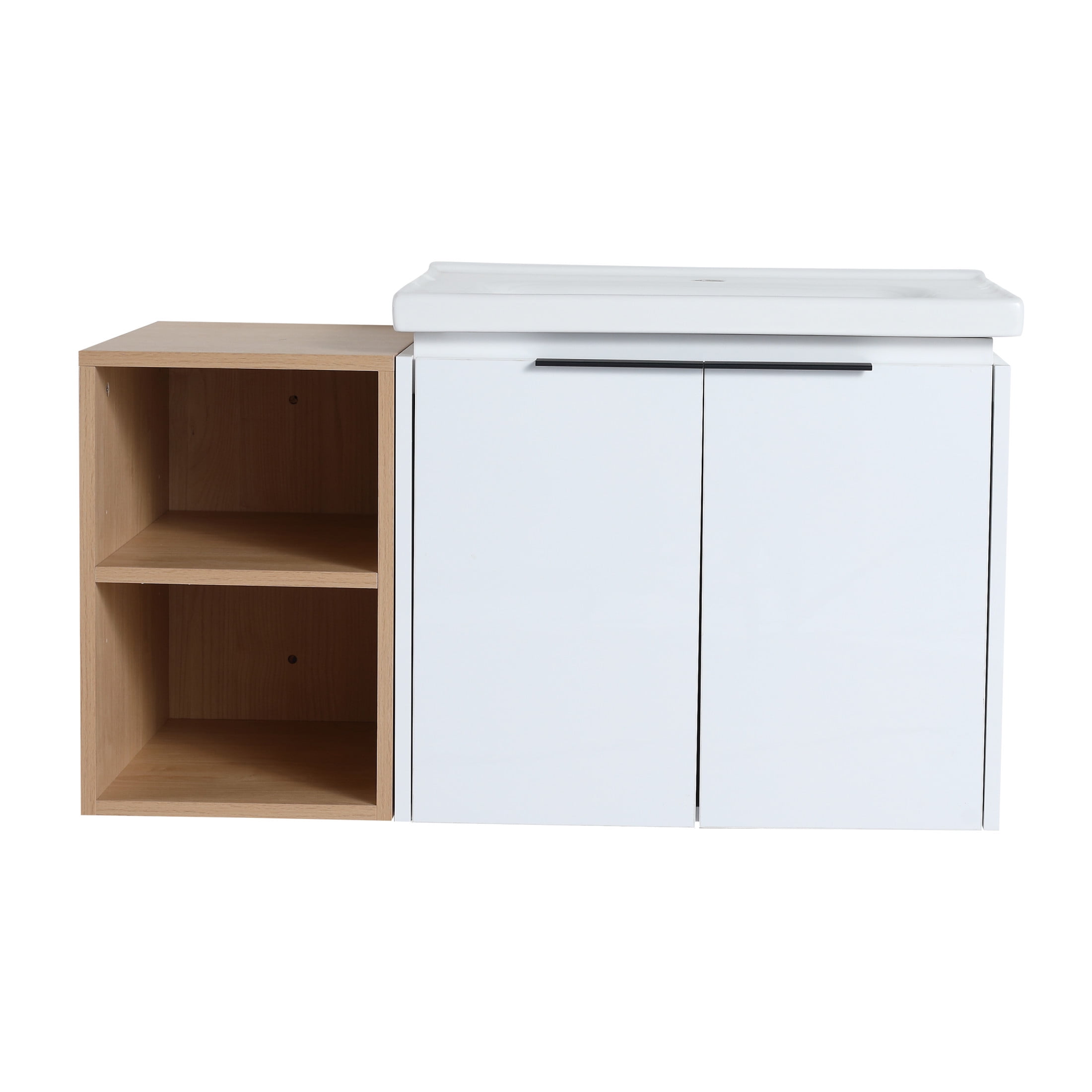Noble House 36" Wall-Mounted Bathroom Vanity with Ceramic Sink, Soft-Close Doors, Small Storage Shelves, White