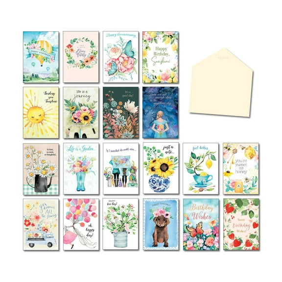 Leanin' Tree Watercolor Whimsy - Made In USA - 20 Assorted Cards with Envelopes All Occasion, Stationery Paper and Envelopes Set, Greeting Cards Assortment Box, Includes Birthday, Thank You and More