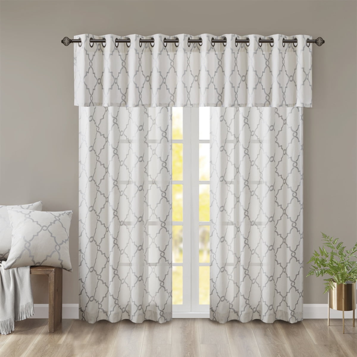 MAYEERTY 50x18" Fretwork Print Grommet Top Valance, Ivory/Grey