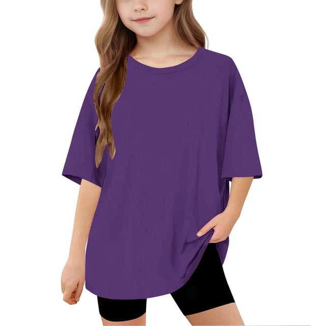 Lmnyox Kids T Shirts Oversized Short Sleeve Basic Tee Solid Color Loose Crew Neck Summer Shirts Tops 5-15 Years