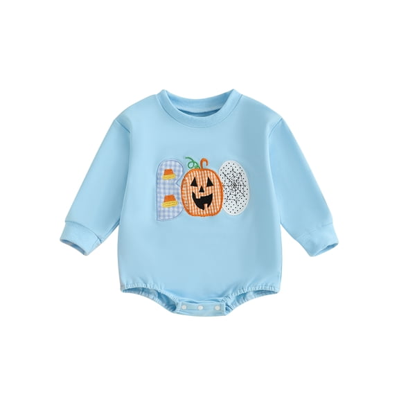 Newborn Baby Girl Boy Halloween Outfits Pumpkin Embroidery Long Sleeve Oversized Sweatshirt Romper Bodysuit Fall Winter Clothes