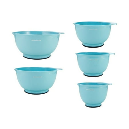 Kitchenaid Set of 5 Plastic Mixing Bowls in Aqua Sky with Rubber Bottom