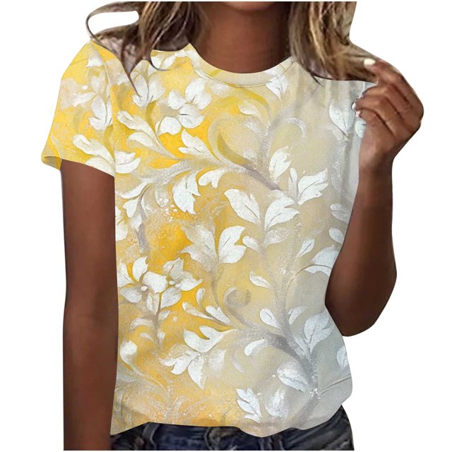 Tops de Ajuste Suelto para las Mujeres Retro Impreso Cuello Redondo Manga Corta, Camiseta de Poliéster Casual