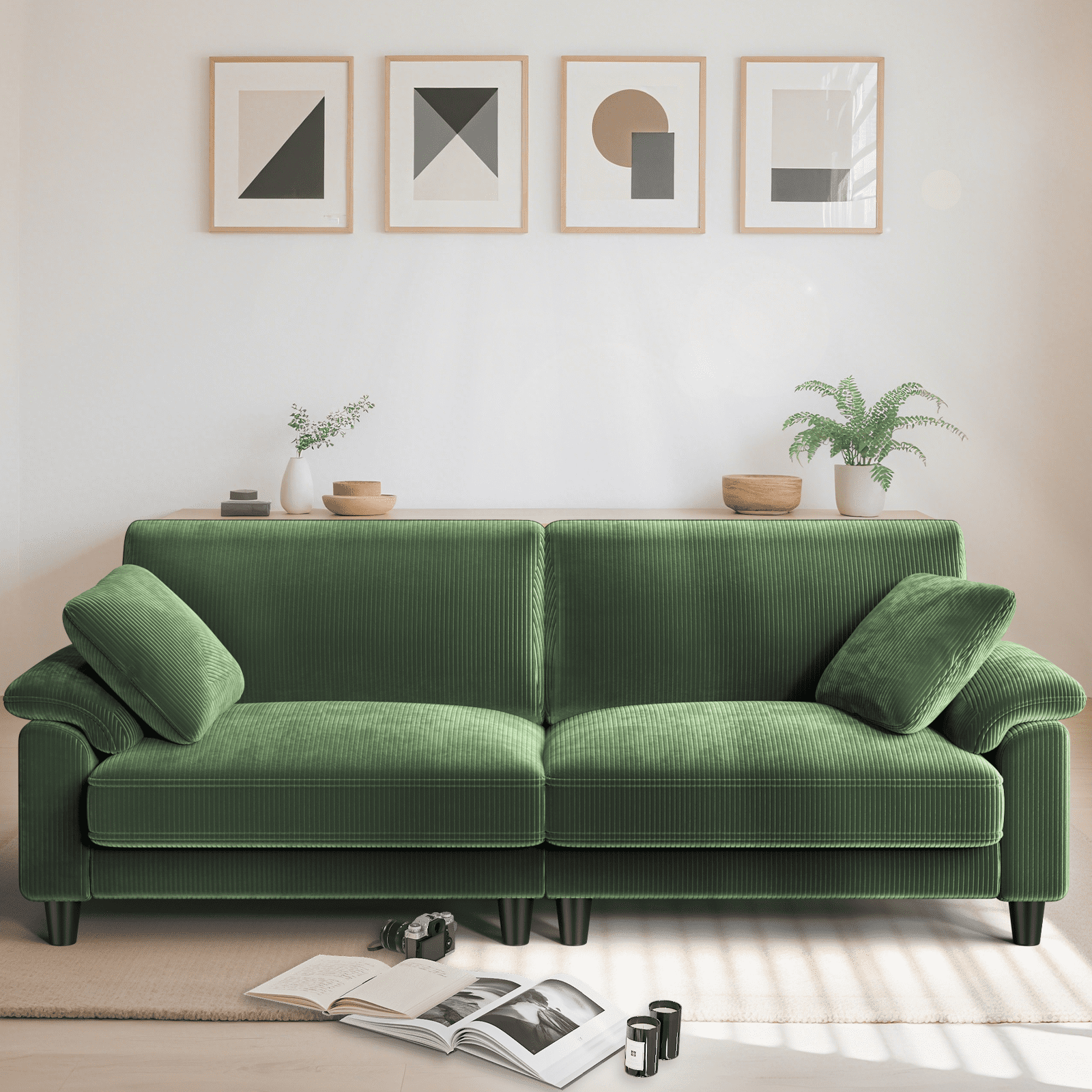Patbrela 83" Corduroy Sofa, Loveseat Sofa with Extra Deep Seat Couches, Comfy Upholstered Couch for Living Room, No Assembly with 2 Pillows, Green