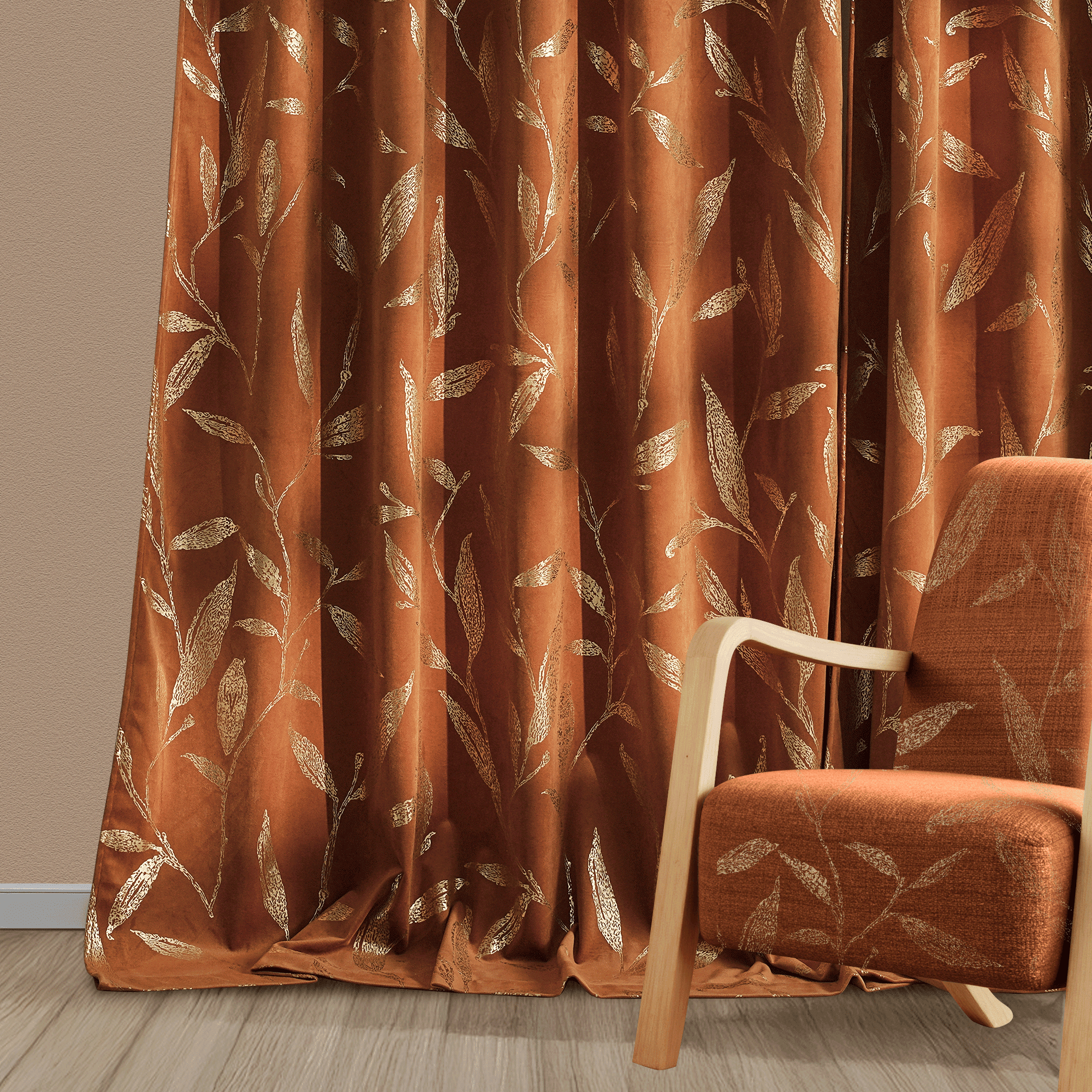 NICETOWN Blackout Velvet Curtains for Living Room, Soft Vintage Leaf Patterned Gold Foil Printed Velvet Curtains Rod Pocket Room Darkening Thermal Insulated Drapes, Gold Brown, 50"x84", 2 Panels
