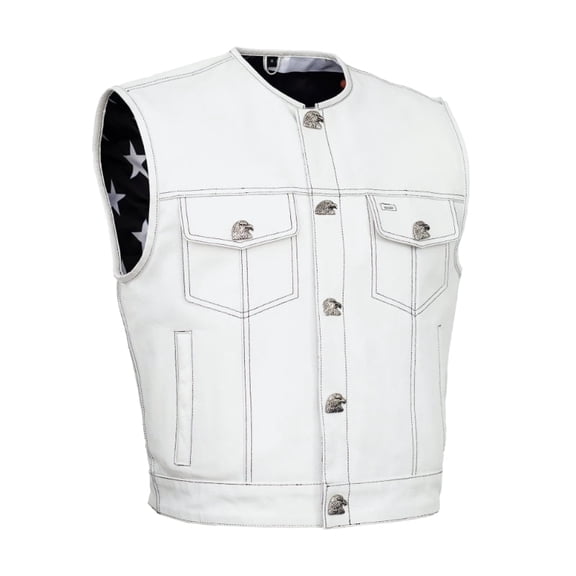 Daniel Smart Men’s White Leather Motorcycle Vest – Snap Front Biker Vest with Satin Lining, Utility Pockets & Reinforced Stitching