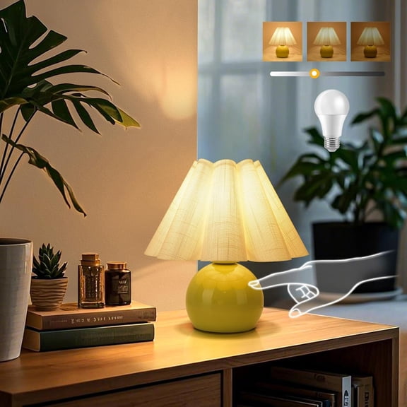 HIBIBUD Green Small Touch Control Table Lamp for Bedroom,Green Bedside Lamps for Nightstand,Cute Mini Small Table Lamps for Small Spaces with Scalloped Shade for Kitchen Counter,Bookshelf