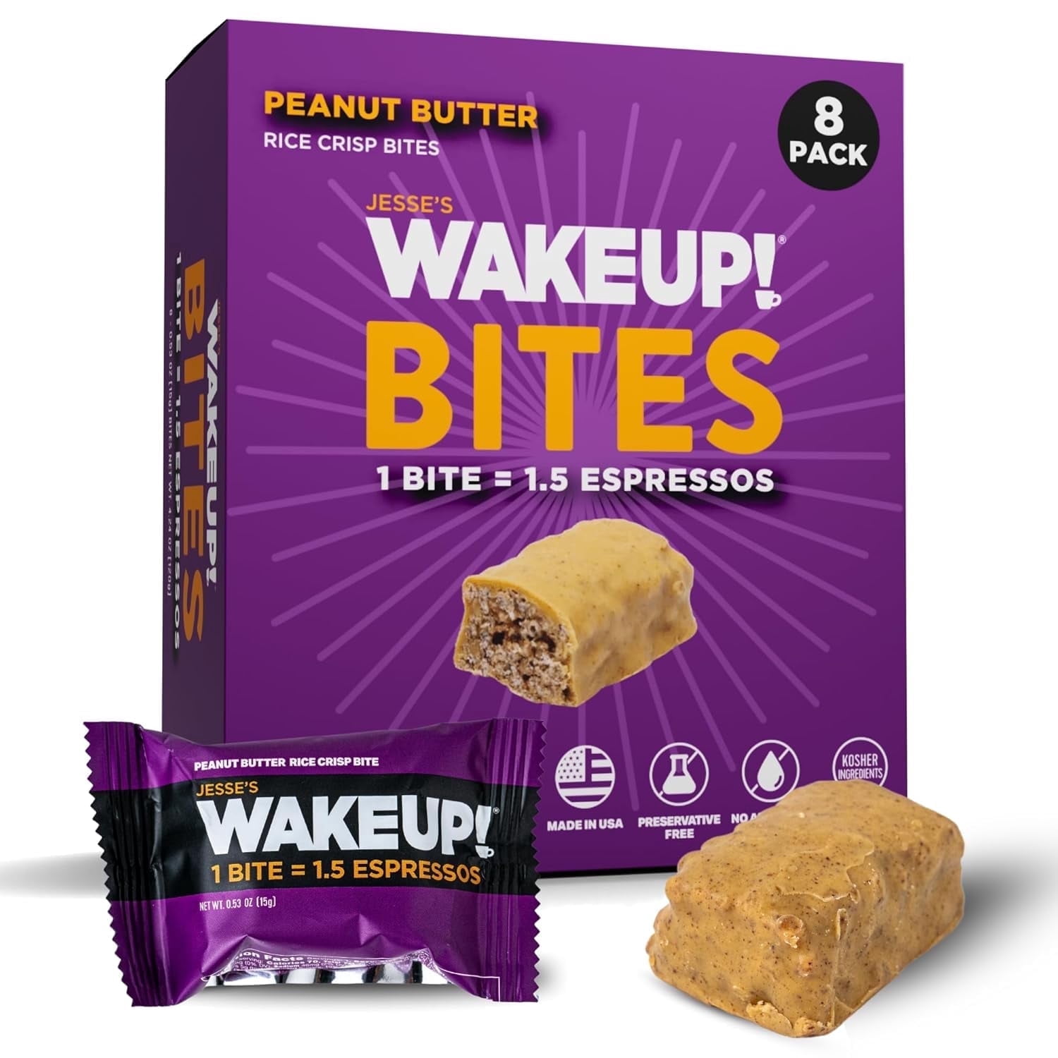 WakeUP! Caffeinated Peanut Butter Protein Bites, Proprietary Blend with 175mg Caffeine (1 Bite = 1.5 Espressos) – Gluten-Free, Vegetarian, Kosher, Energy Snack for Focus & Clarity (8 Pack)