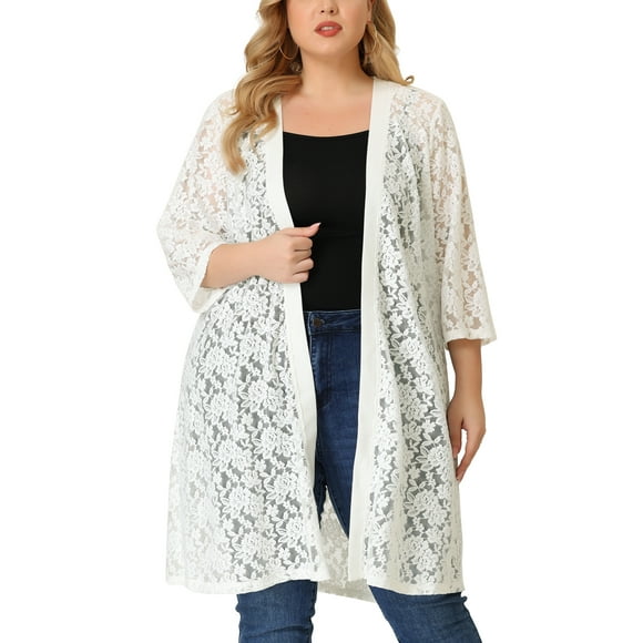 Cárdigan de talgrande con encaje, frente abierto, man3/4, chaquebolero larblanco 4X