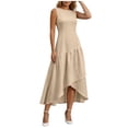 thumbnail image 3 of Vivianyo HD Women's Sleeveless High-Low Midi Dress, Round Neck Flowy Ruffle Hem Casual Formal Dress , Women's Khaki, Sizes S-2XL, 3 of 10