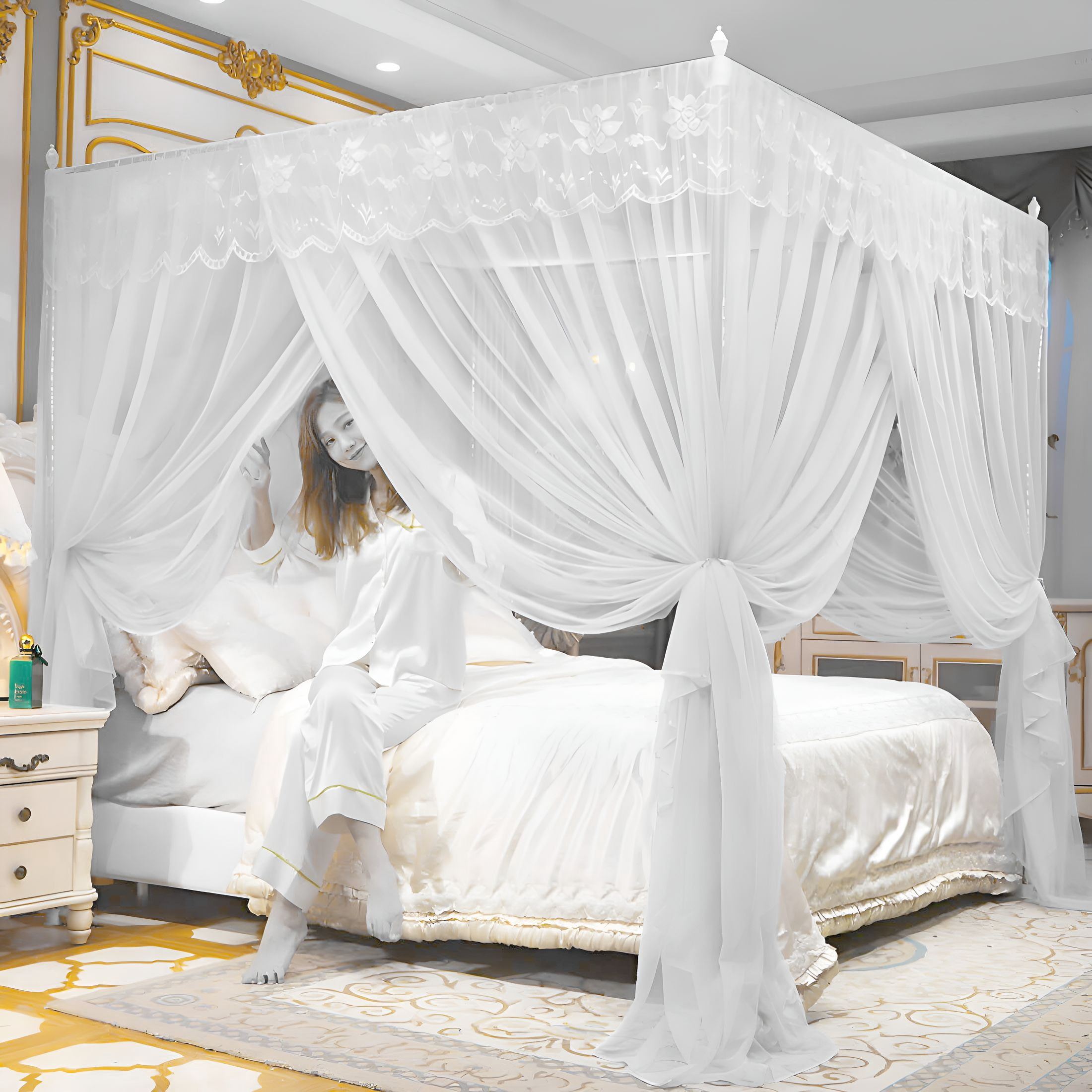 AUQ Canopy Bed Curtains,Mesh Bed Canopy,Breathable Bed Canopy for Girls Bed Canopy Curtains