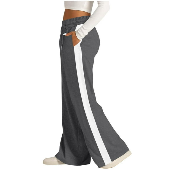Women's Fashion Baggy Wide Leg Pants Casual Drawstring Elastic Waisted Contrast Color Workout Track Pants Womens Lounge Trousers with Pockets Lightweight Loose Flowy Pants for Women