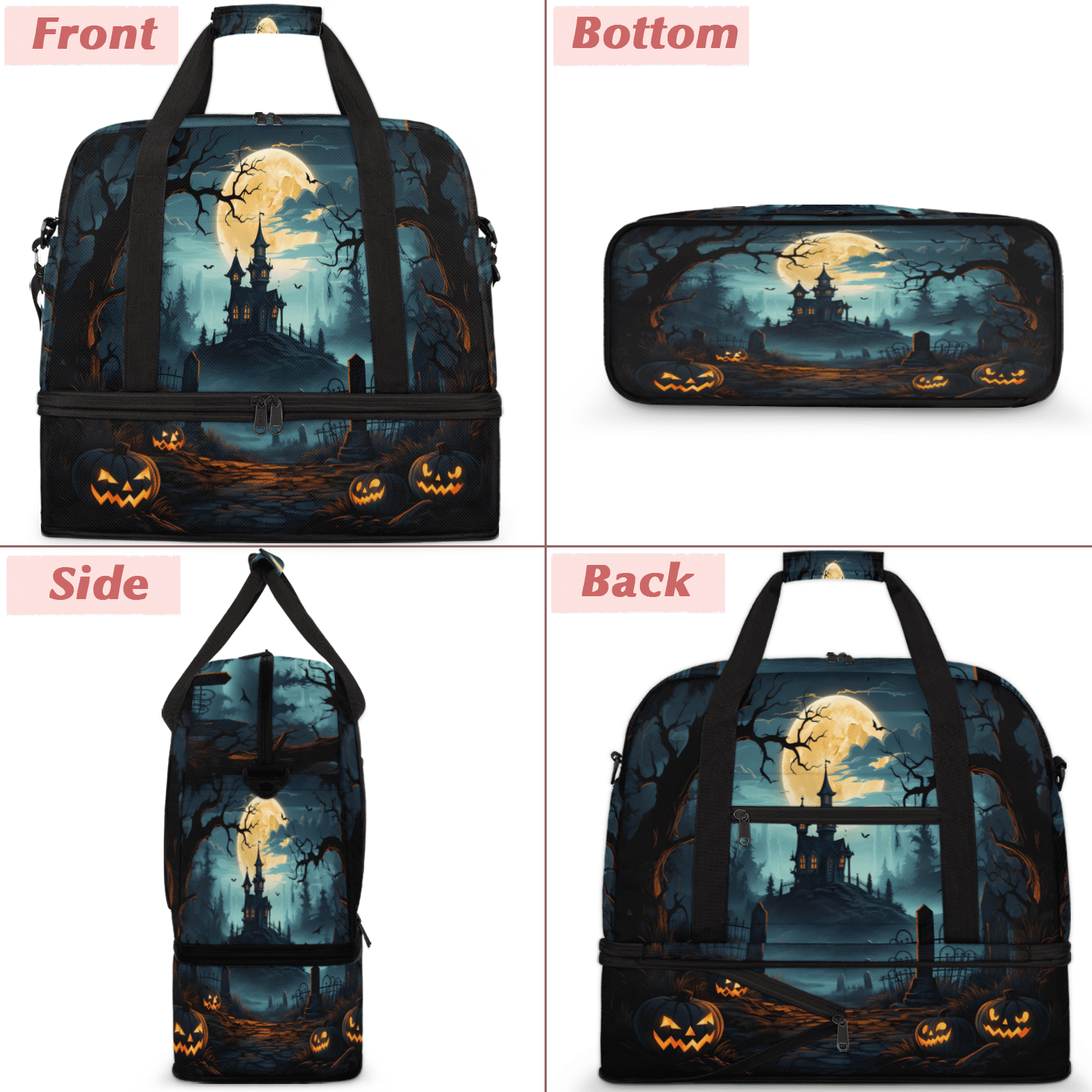 Herdesigns Halloween Foldable Travel Duffle Bag for Women and Men Lightweight Carry On Overnight Bag Halloween Castle Gym Luggage Weekender Bags with Shoe Compartment