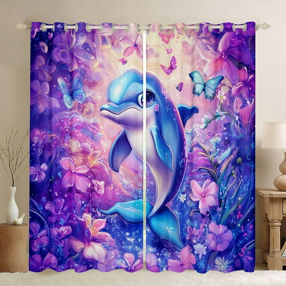 Erosebridal Funny Dolphin Curtains Pack of 2 (38x45), Dreamy Flower 30%-50% Black Out Curtains, Ocean Animal Curtains for Living Room, Window Curtains Bedroom Decoration
