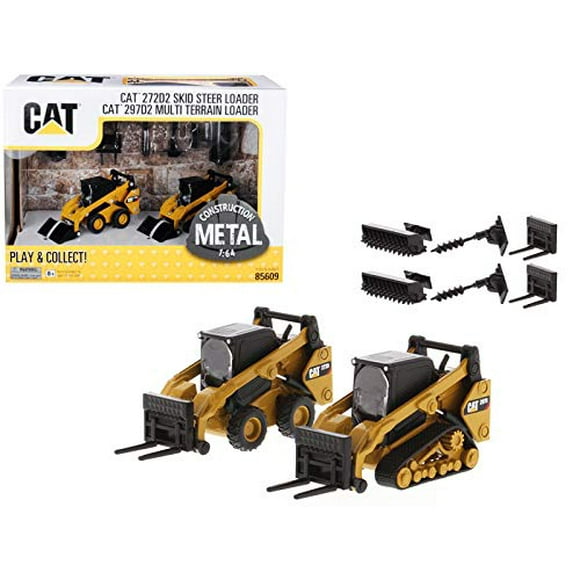 Set of 2 Pieces CAT Caterpillar 272D2 Skid Steer Loader and CAT Caterpillar 297D2 Multi Terrain Track Loader with Accessories 1/64 Diecast Models by Diecast Masters 85609