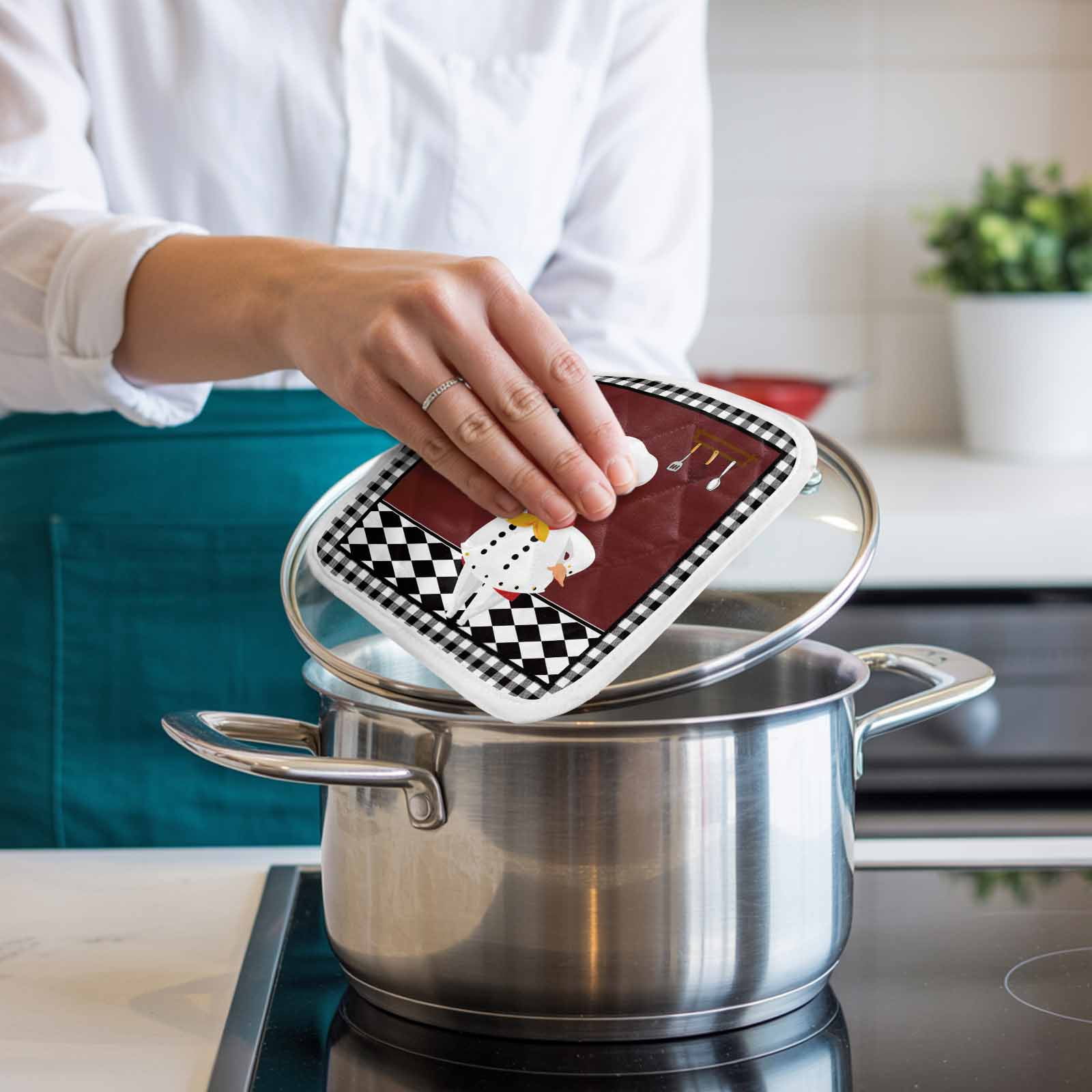 Red Kitchen Chef Pot Holders for Kitchen Heatproof Potholder, 3 Pack Black Plaid Gourmet Food Vintage Hot Pads Multipurpose Oven Pads Cloth Potholders Trivet for Cooking Baking
