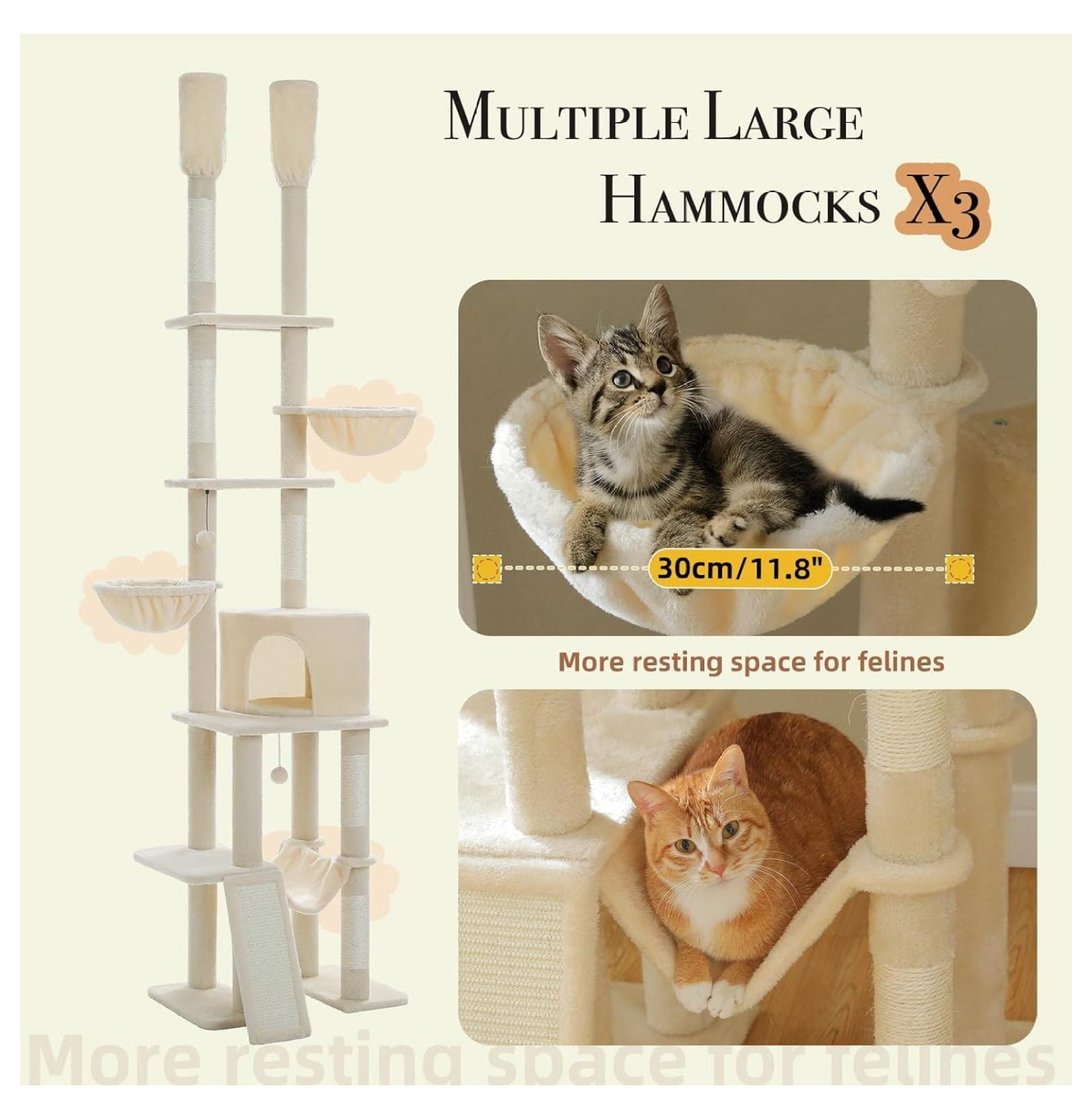 Floor to Ceiling Cat Tree Adjustable Height (85-112") Tall Cat Tower for Indoor Cats, 7 Tier Cat Tree with Hammocks & Scratching Posts - Beige