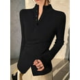 thumbnail image 4 of Women'S Knit Basic Sweater Elegant Stand Collar Button Slim Fit - Slit Long Sleeve Pullover Tops Black S, 4 of 6