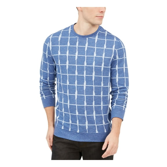 Alfani Mens Jacquard Grid Pullover Crewneck Sweater Blue S