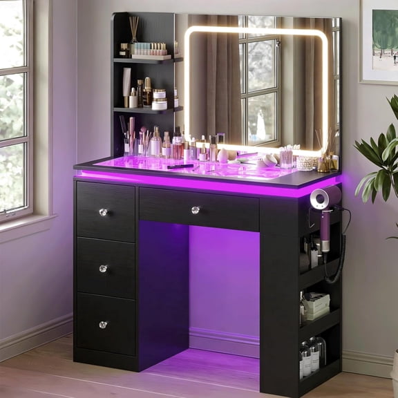 Black Makeup Vanity Desk with LED Lighted Mirror, RGB Glass Top, 4 Drawers & Shelves, Charging Station, Dressing Table for Women Bedroom