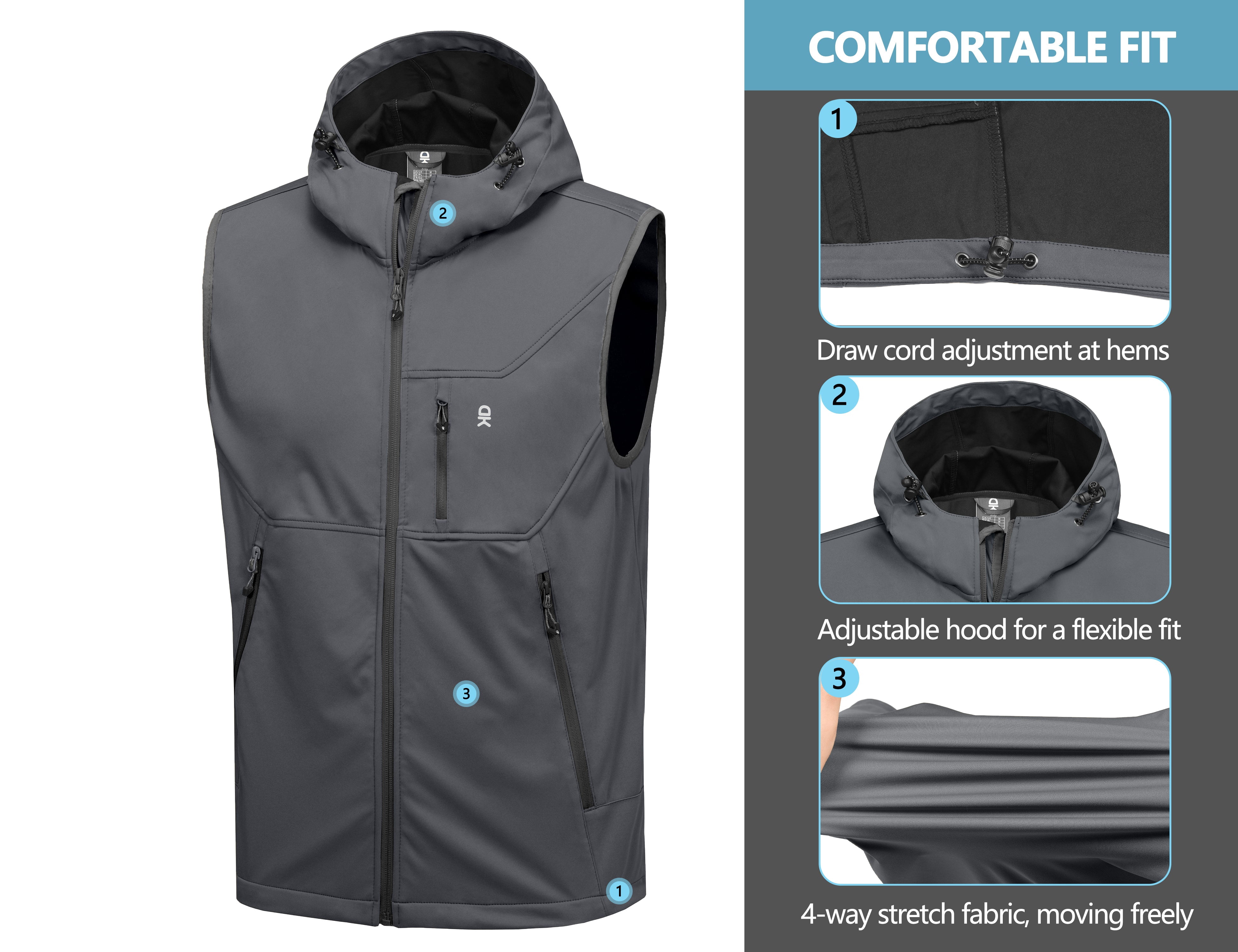 Little Donkey Andy Men's Lightweight Softshell Vest Windproof Sleeveless Jacket for Travel Hiking Running Golf Size XL
