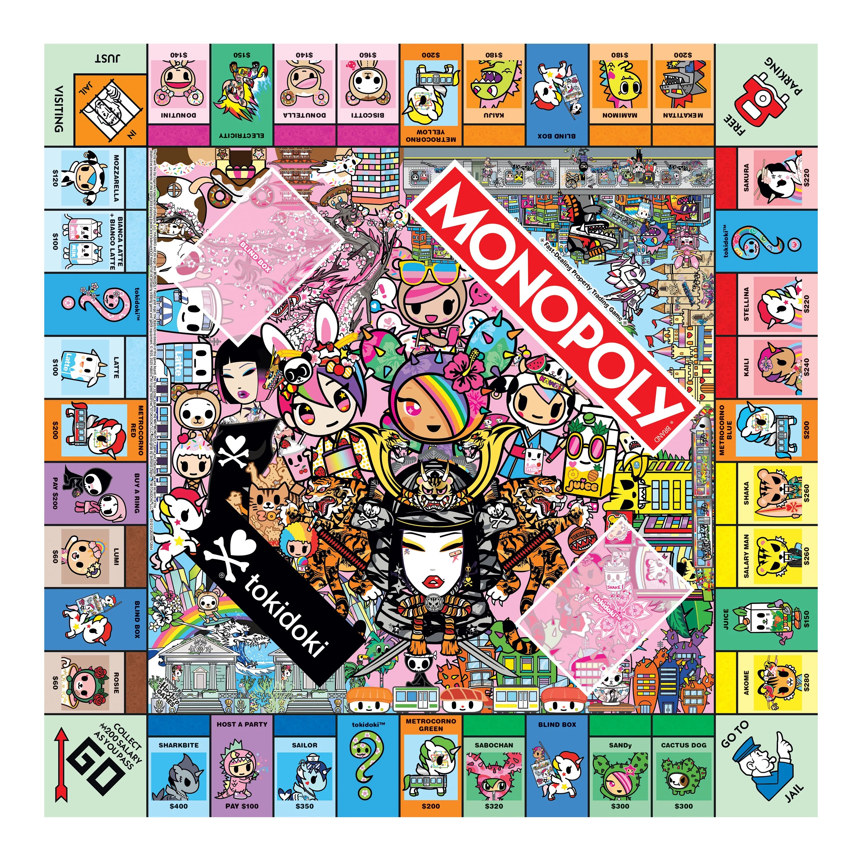 MONOPOLY: tokidoki Board Game, Buy, Sell & Trade Characters like Donutella, Mozzarella, & Stellina, Includes 6 Collectible Mover Tokens - Cactus Dog, Sirena, Adios & More,