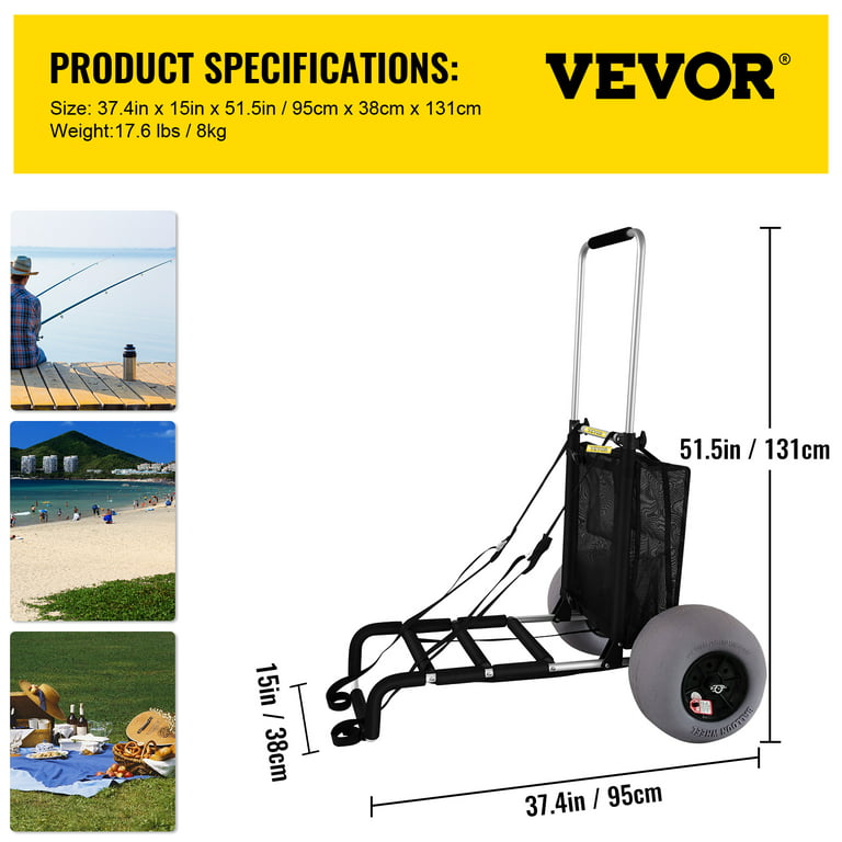 VEVOR Beach CartsA for The Sand, w/ 12 TPU Balloon Wheels, 165lbs Loading Capacity Folding Sand Cart and 33.1'' to 51.6'' Adjustable Height, Heavy