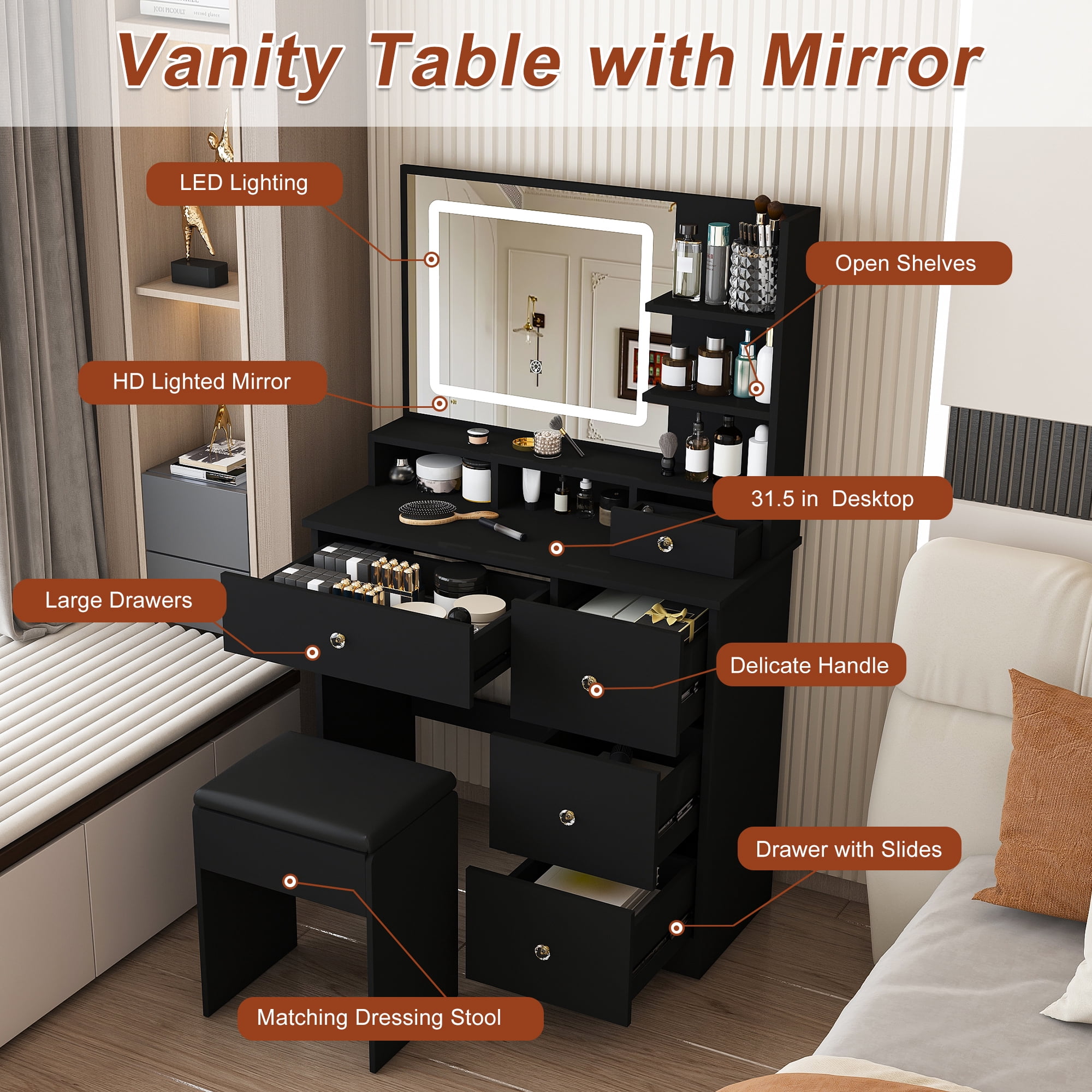 Mintazer Dressing Table with LED Lighted Mirror & 5 Drawers, Makeup Vanity Desk with Open Storage Shelf & Cushioned Stool for Bedroom Apartments, Black