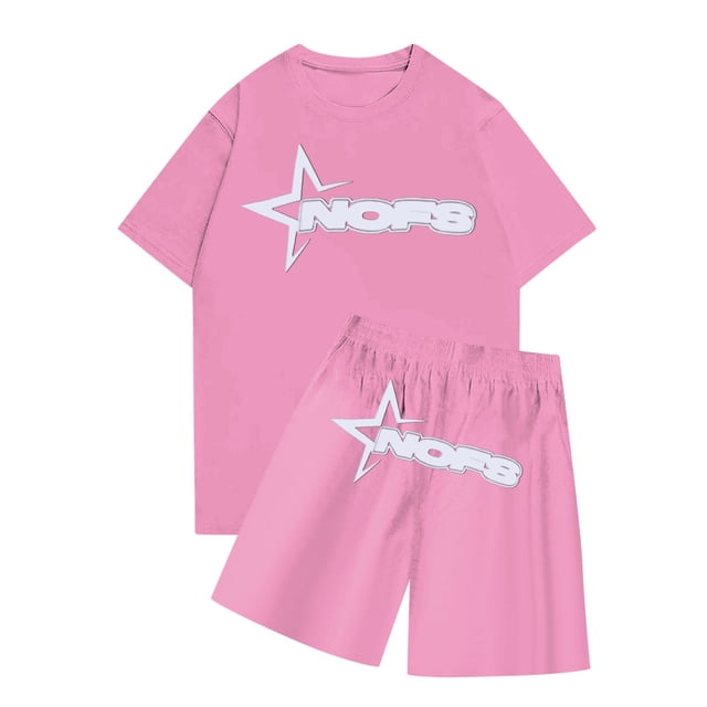 Sueño Conjunto de camisetas y pantalones cortos con cuello redondo y manga corta con estampado NOFS informal a la moda para hombre Rosa XXL