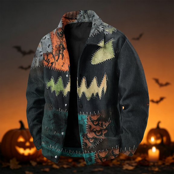 Dwelliawo Men Long Sleeve Lapel Collar Halloween Corduroy Jacket Button Front Loose Fit Warm Casual Fall Winter Daily Outfit Coat With Pockets Purple L