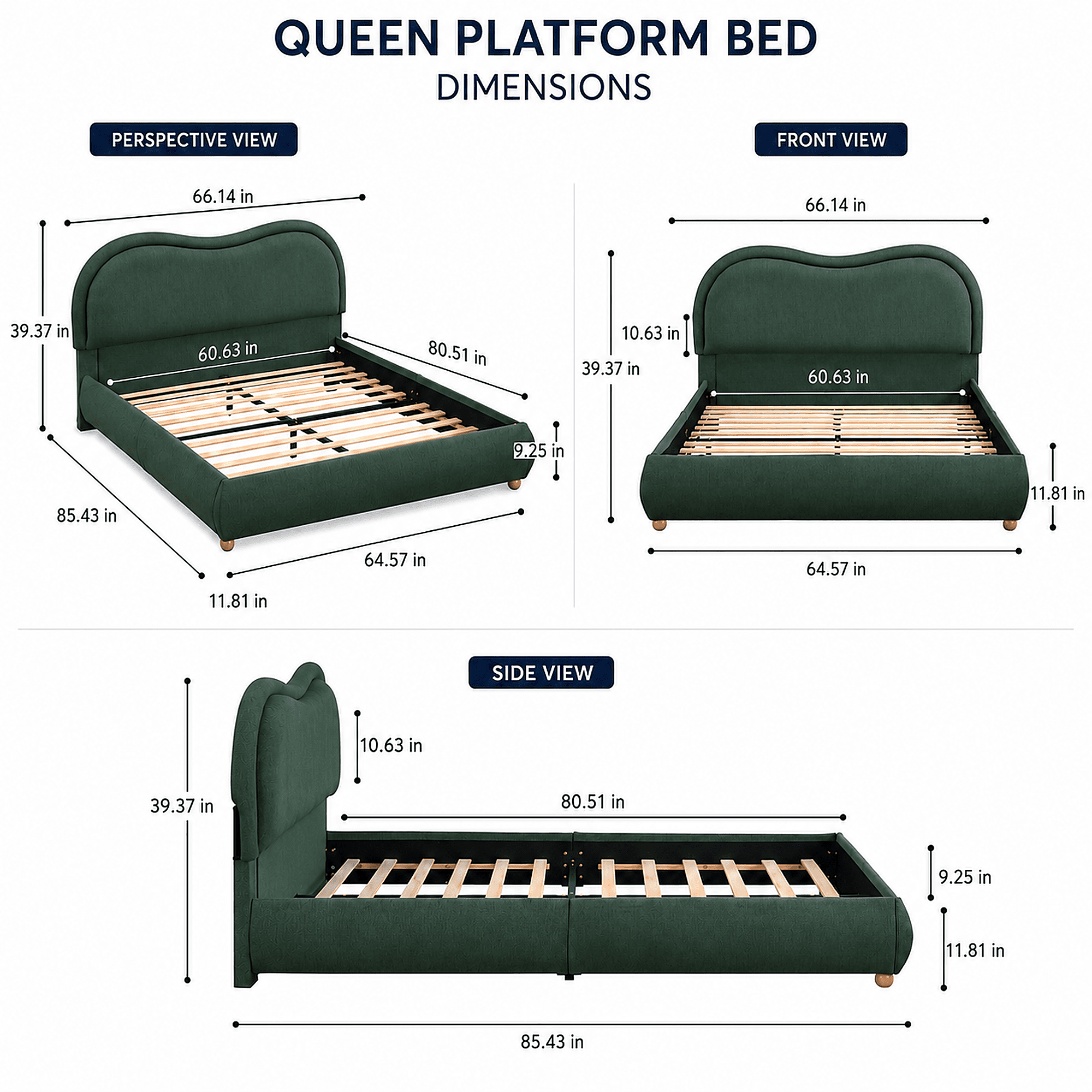 Miniyam Queen Bed Frame with Curved Headboard, Green Chenille Upholstered Platform Bed with Wooden Slats