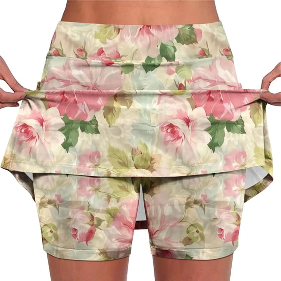 Shorts for Women Trendy,Womens Summer Tennis Skirts with Shorts Workout Golf Athletic Skirts Hawaiian Vacation Floral Print High Waist Skorts