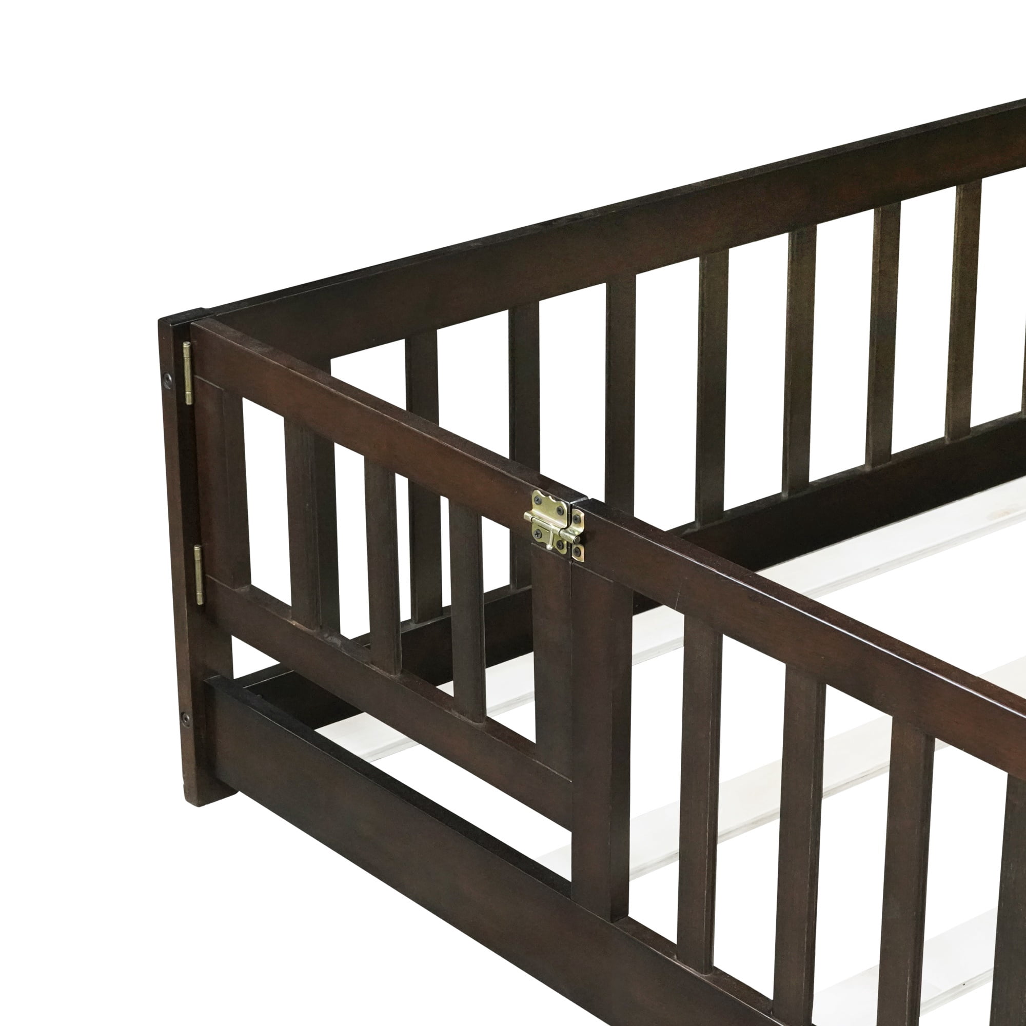 Alvantor Full Size Montessori Floor Bed for Kids with Door and Fence, Rubber Wood Toddler Platform Bed Frame, No Box Spring Needed, Espresso