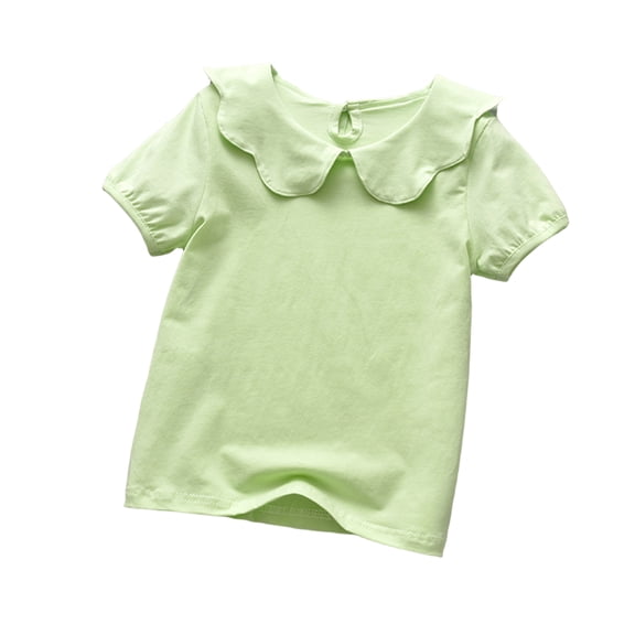 Girls Peter Pan Collar T Shirt Short Sleeve Base Layer Top for Toddler and Little Kids Ruffle Neck Casual Knit Tee