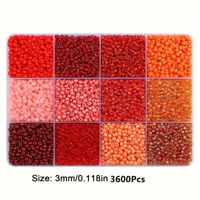 3600pcs 3mm Glass Seed Beads, Assorted Colors, 12-grid Storage Box, DIY Jewelry Making Kit, Loose Beads For Bracelets, Necklaces,Red