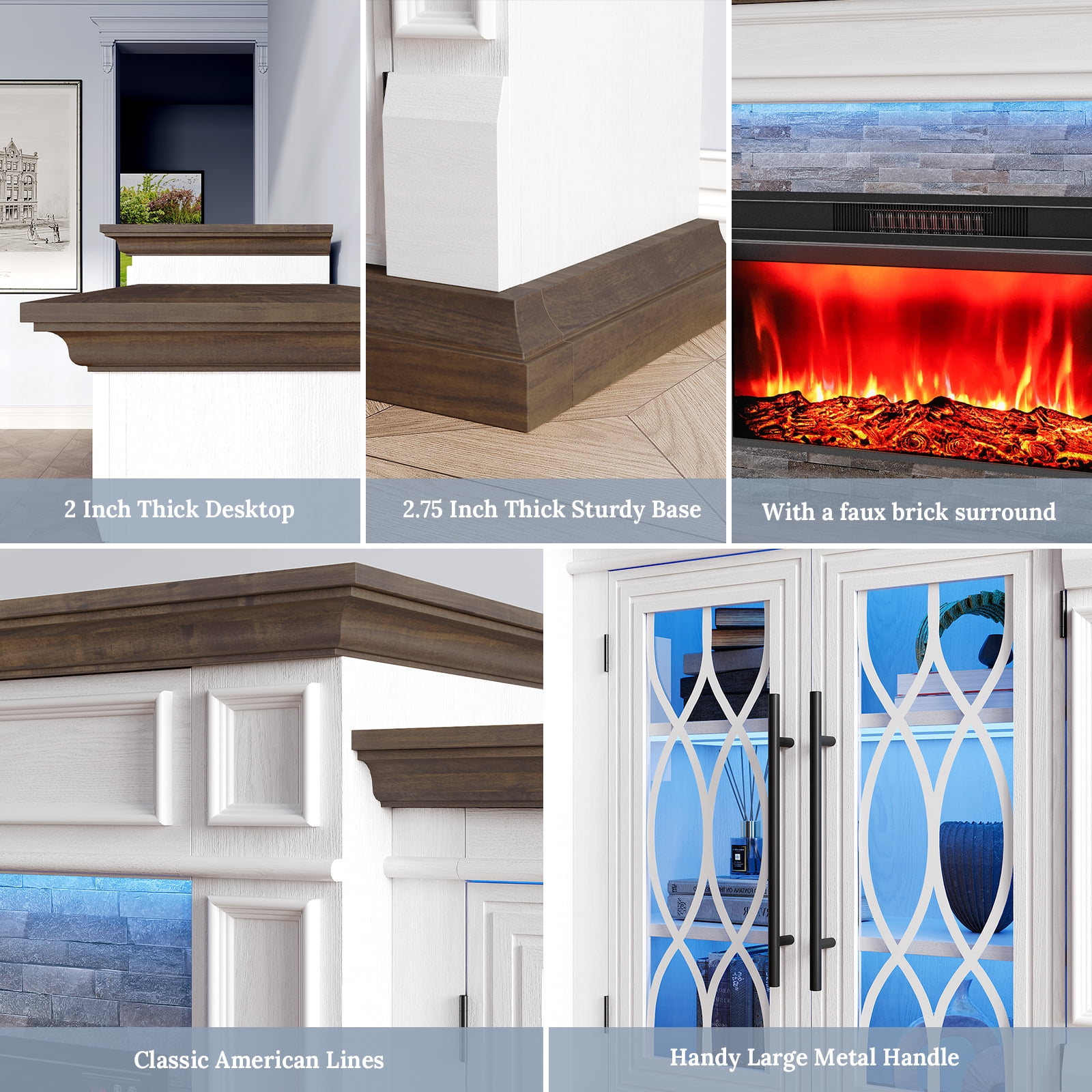 Holliwill 104" Fireplace TV Stand with 30" Electric Heater & LED Lights & Power Outlets, Modern Farmhouse Entertainment Center with Storage Cabinet for Living Room, Fireplace with Mantel, White Brown