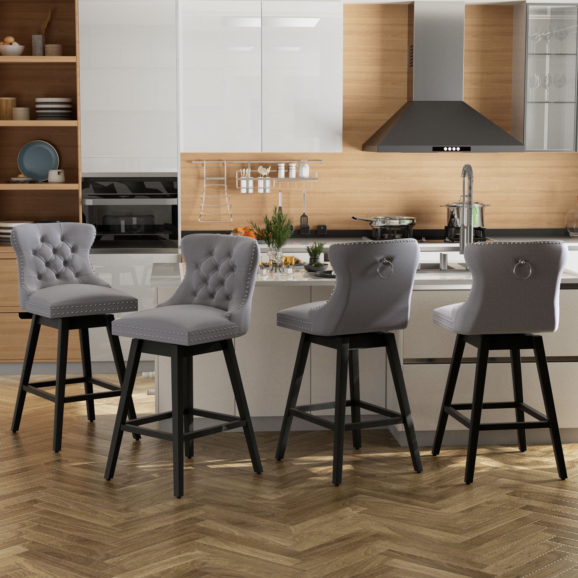 TEWLOSS 26" Swivel Counter Height Bar Stools Set of 4, Gray Velvet Kitchen Stools with Back