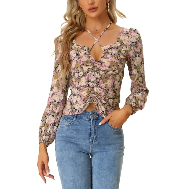Unique Bargains Blouse à Manches Longues à Col Halter Croisé Imprimé Floral pour Femmes Rose m
