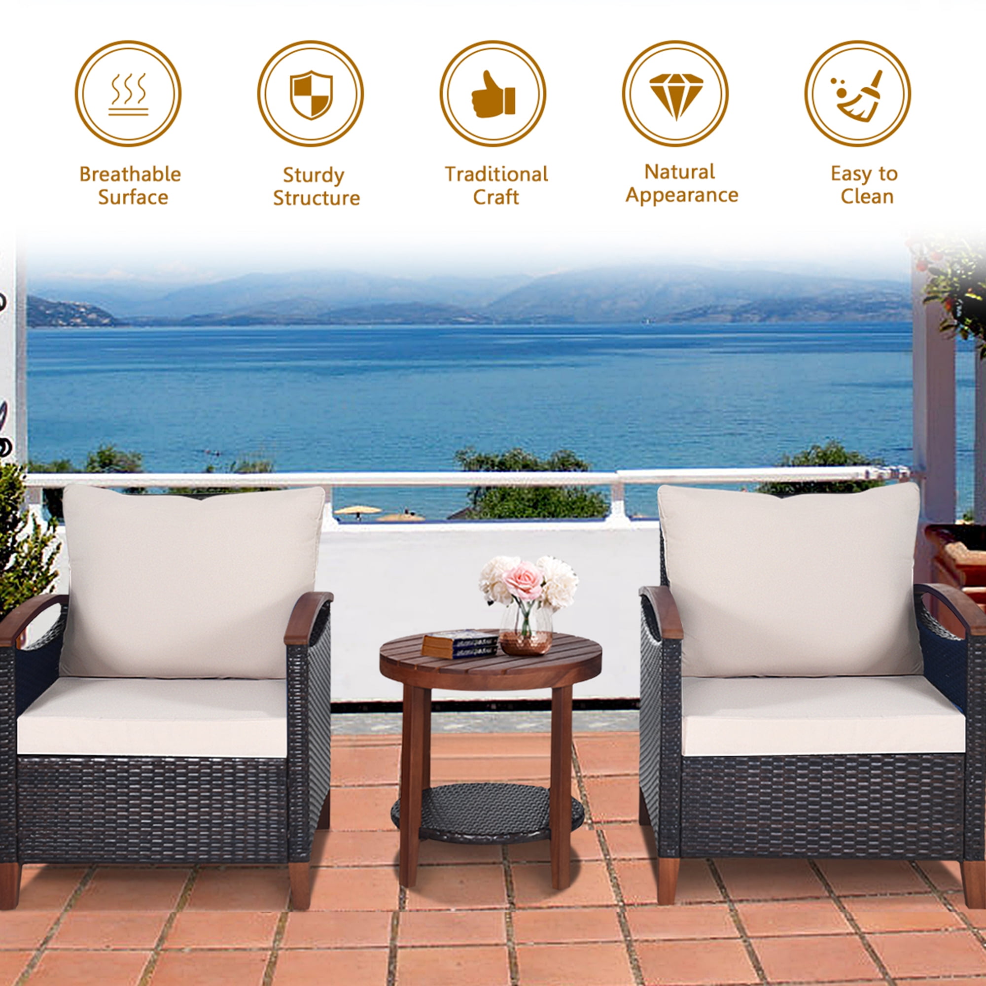 Gymax 3PCS Patio Wicker Rattan Conversation Set Outdoor Furniture Set w/ Beige Cushion