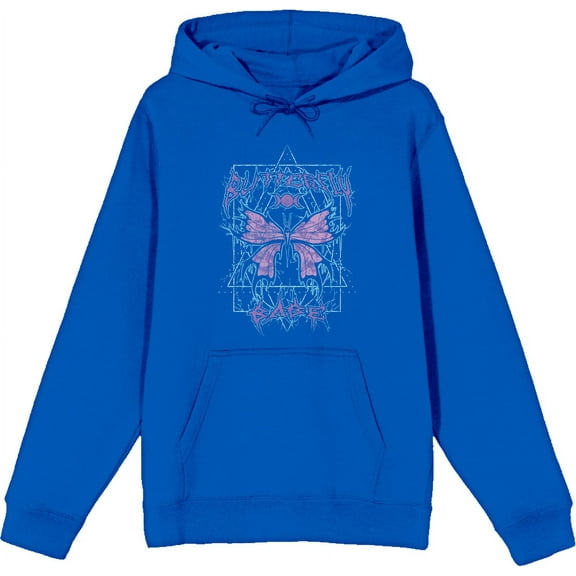 Distressed Black Metal Butterfly Adult Blue Long Sleeve Hoodie-Medium